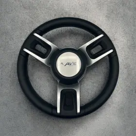 W123-avid-05 Gussi Italia Black Model 702 Steering Wheel With Keyed Hub Avid Boats Logo