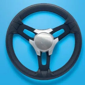 W258-zxe-wh-silverplain Gussi Italia Boat Model 15 Steering Wheel Black Brushed Alum Spokes Silvplain