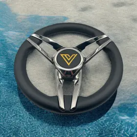 W495 Gussi Italia Caneva Boat Steering Wheel Chrome 13.75 Inch Leather Rim - Viaggio Logo