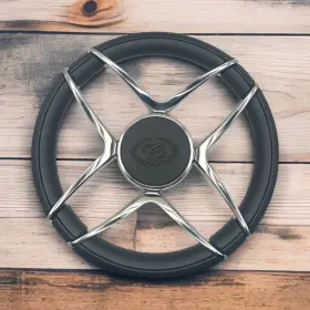 X202 Gussi Italia Cobalt Boat Steering Wheel Polished Stainless Steel Spokes Faux Leather Rim