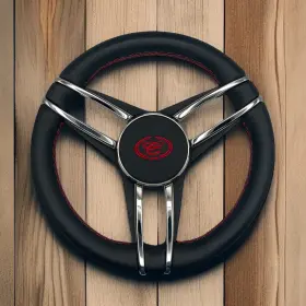 X220 Gussi Italia Cobalt Boat Steering Wheel Polished Stainless Steel Spokes Leather Rim - Red Cap